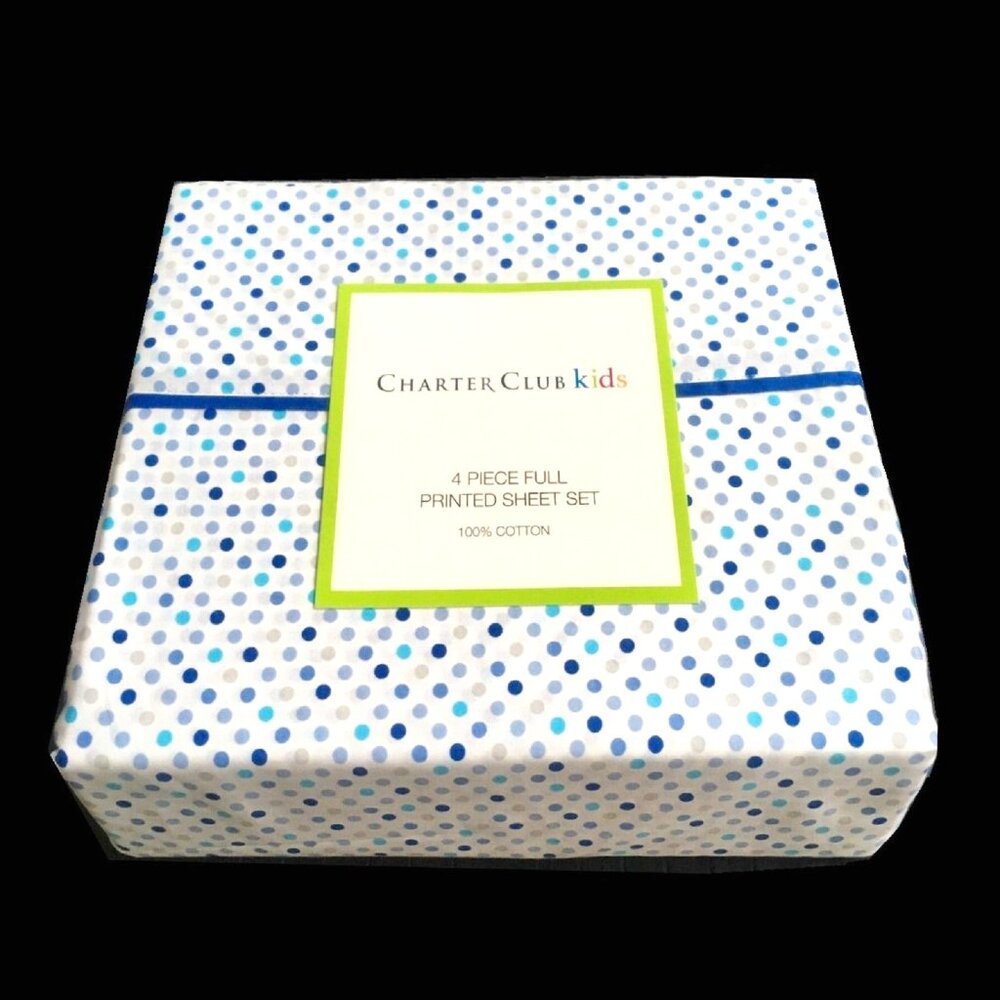 brand new Charter Club Dot-Print 100% Cotton FULL Sheet Set in Blue on White